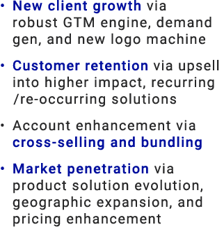 • New client growth via robust GTM engine, demand gen, and new logo machine • Customer retention via upsell into high...