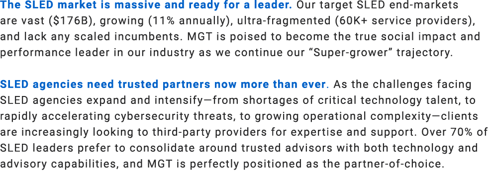 The SLED market is massive and ready for a leader. Our target SLED end markets are vast ($176B), growing (11% annuall...