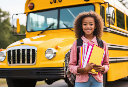 A young girl is standing next to a yellow school bus, holding a stack of books. AI generated content
