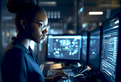 A woman wearing glasses and a black suit is working on a computer. AI generated content