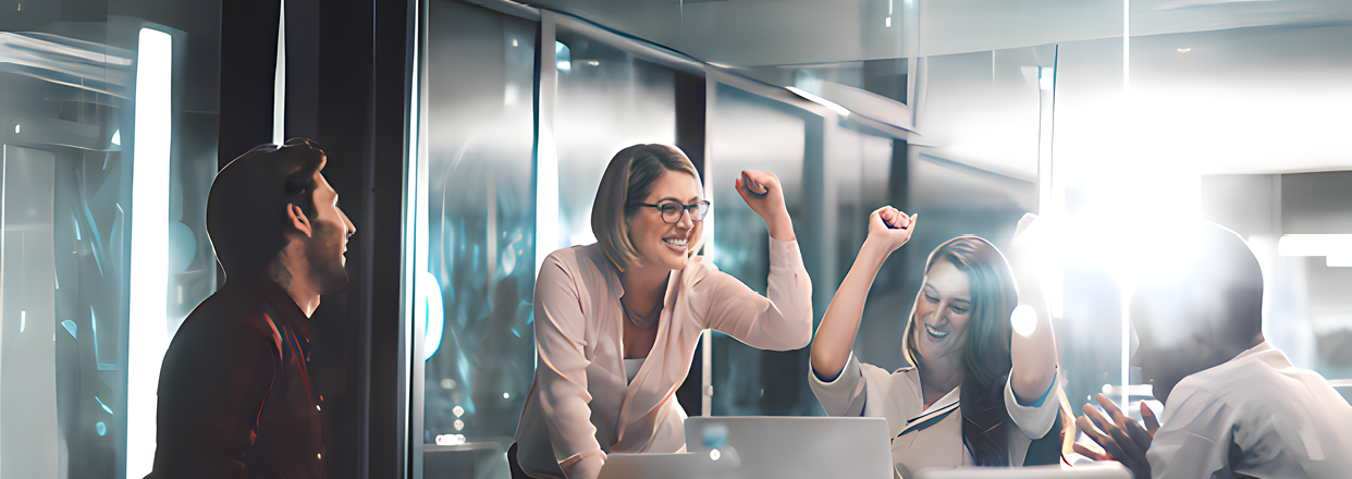 Three people are sitting around a table in an office, with two of them celebrating. One person is holding a laptop, and there are cups and a bottle on the table. AI generated content
