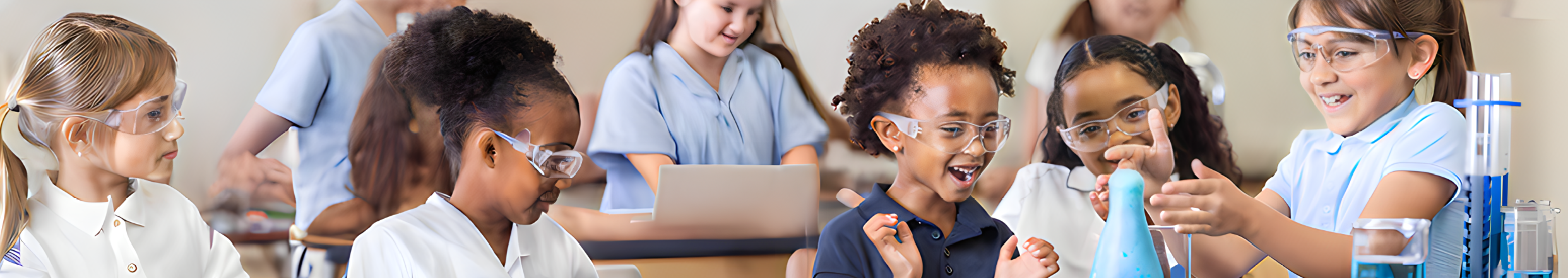 A group of children wearing lab coats are in a classroom, smiling and laughing. They are surrounded by various objects, including a bottle, a cup, a spoon, and a book. Some of the children are wearing glasses. AI generated content